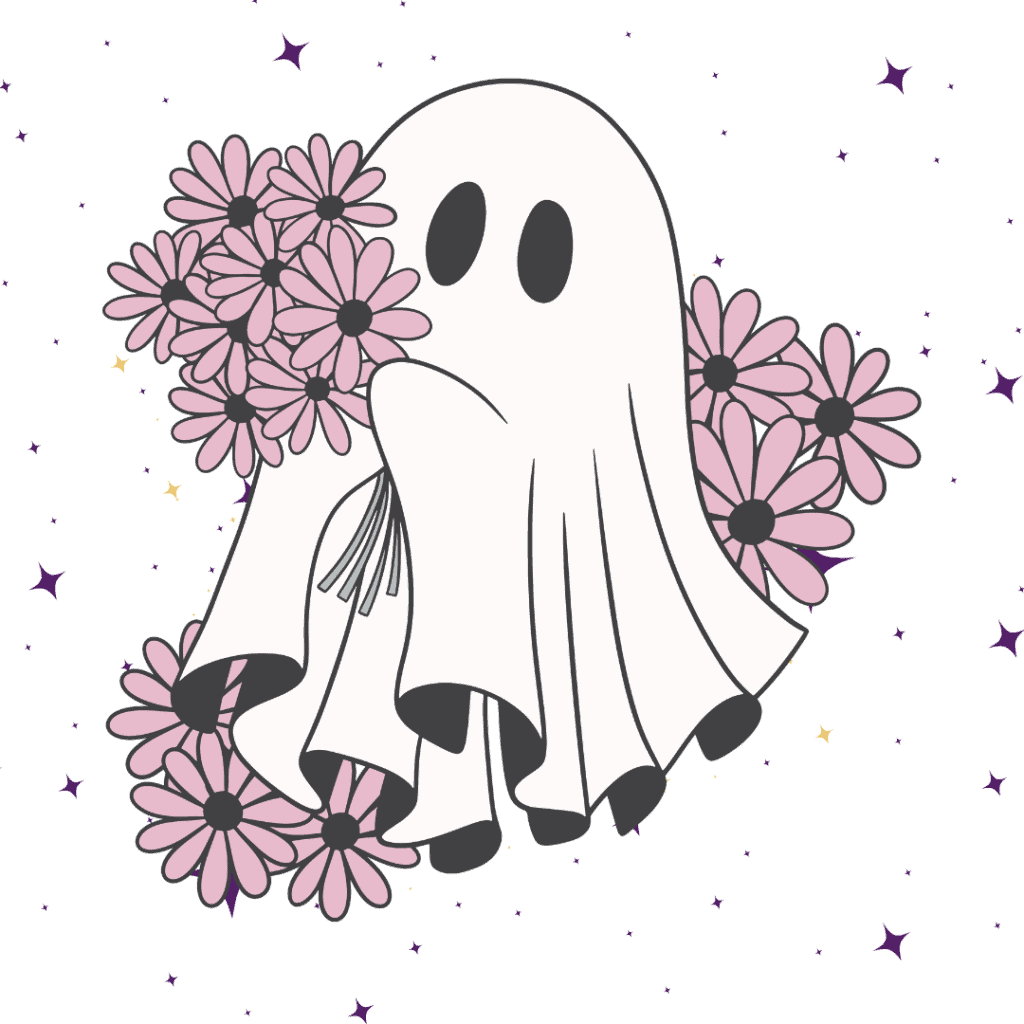 A cute ghost holding some pink flowers