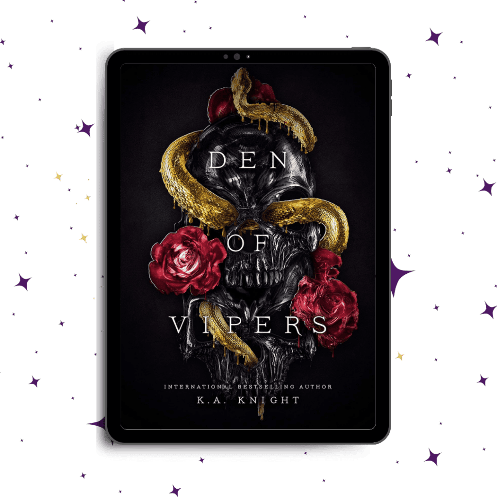 Book cover of Den of Vipers displayed on an ipad on top of a starry background.