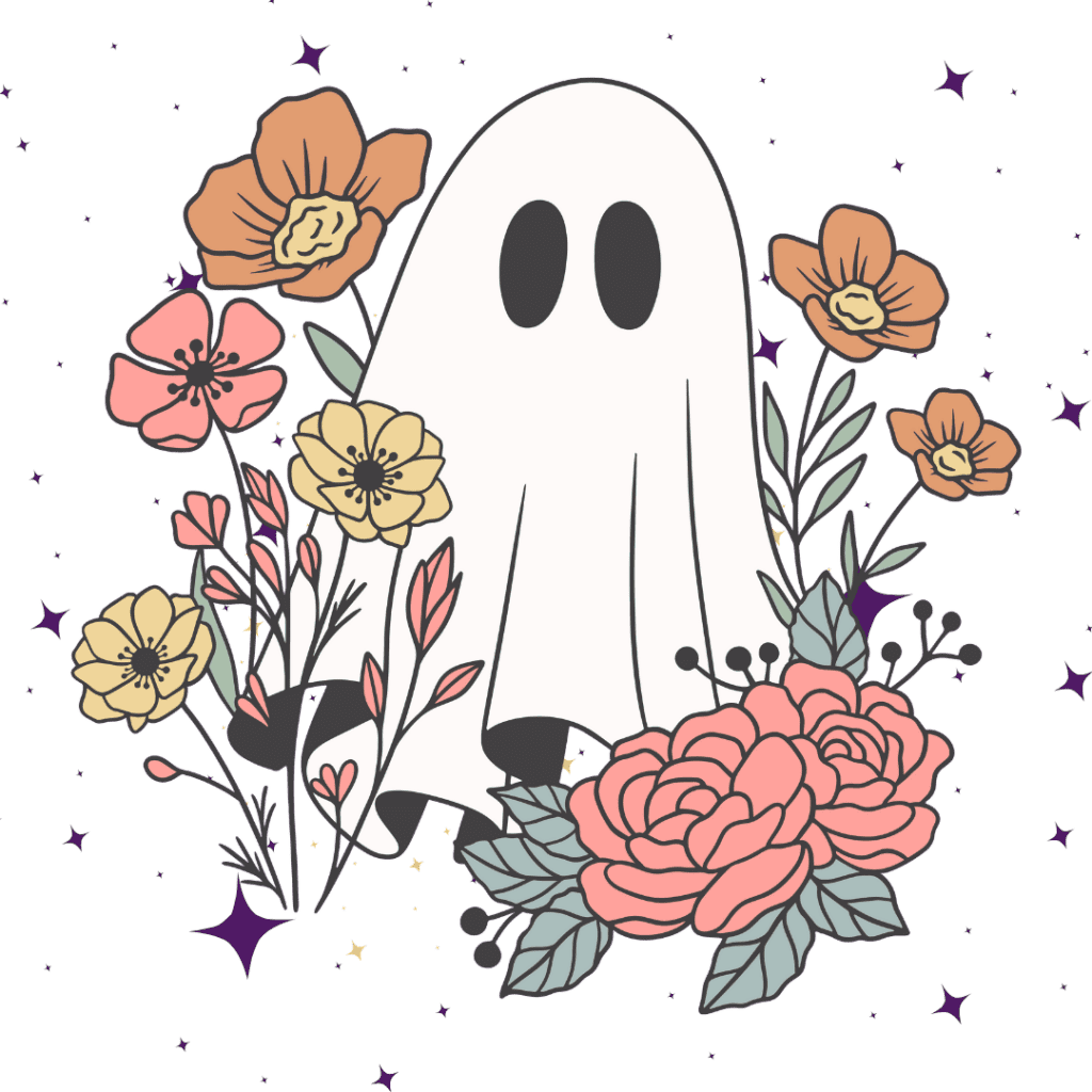 A cute ghost showing off a bunch of flowers