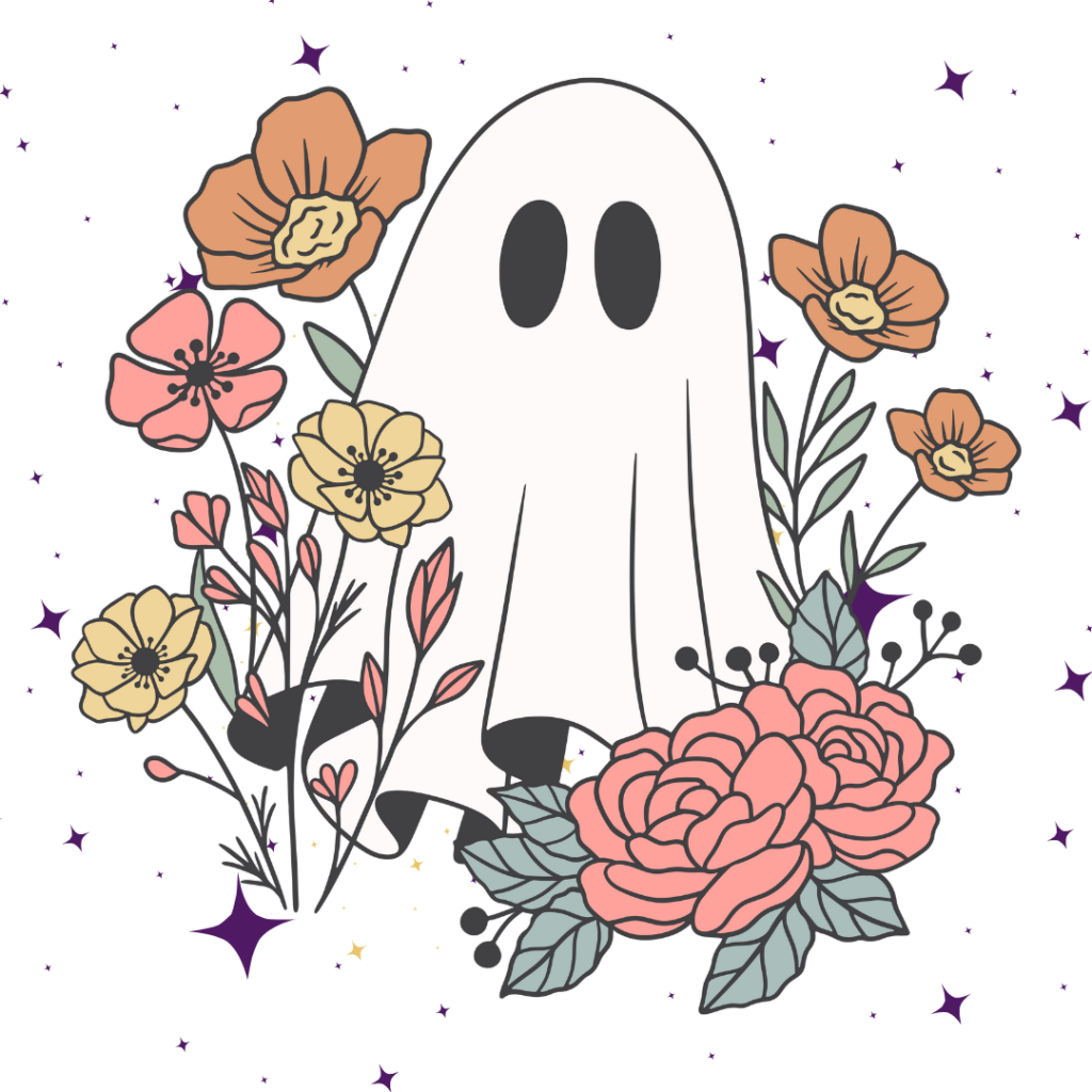 A cute ghost surrounding by cute, colorful flowers.