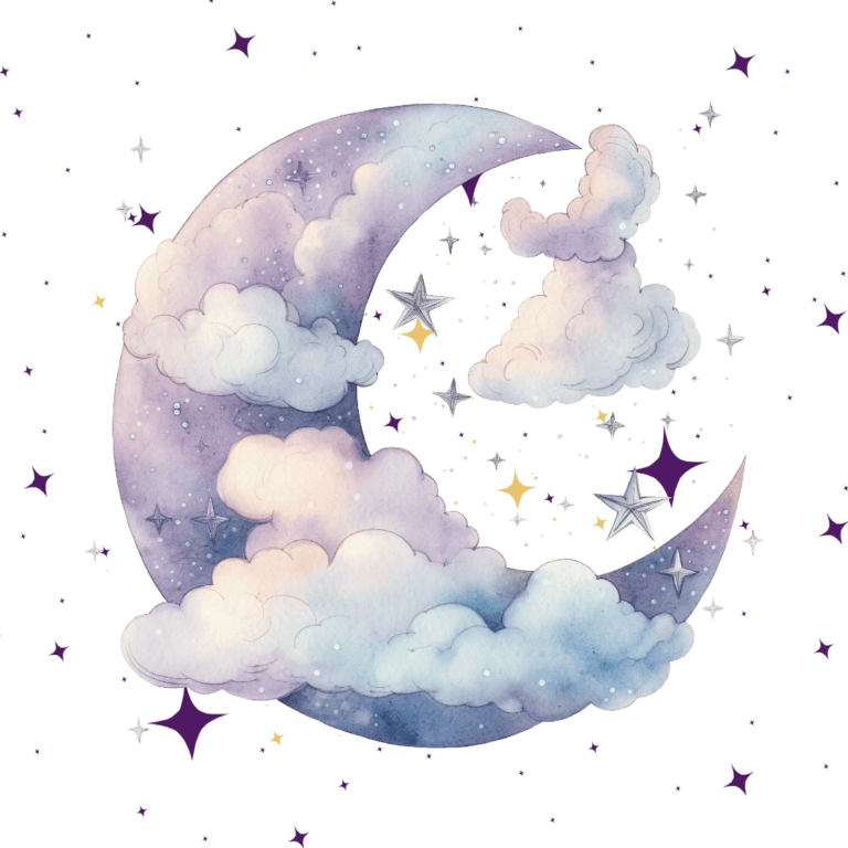 A watercolor purple cartoon moon against stars.